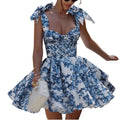 RNSHANGER Dress Summer Fashion Blue Elegant Ladies Backless Clothes Sleeveless Floral Print Slit Mini Dresses for Women
