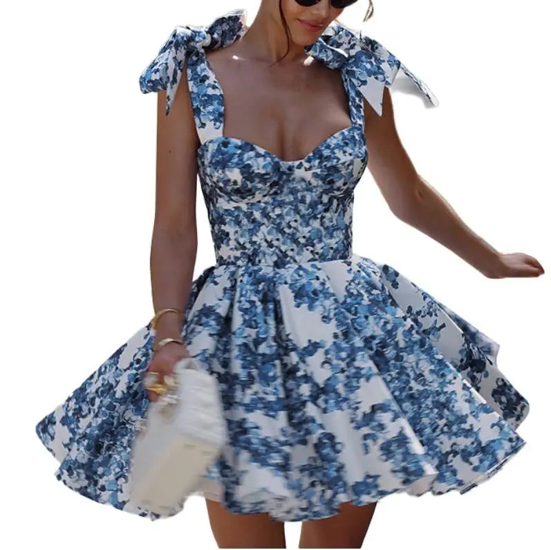 RNSHANGER Dress Summer Fashion Blue Elegant Ladies Backless Clothes Sleeveless Floral Print Slit Mini Dresses for Women