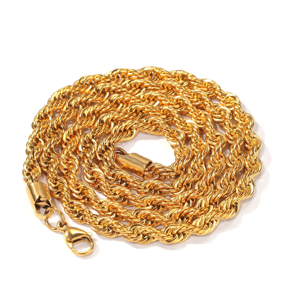 6mm Vintage Woven Twisted Rope Chain 18k Gold Plated Rope Chain Necklaces for Men Women Hophop Stainless Steel Chain Necklace