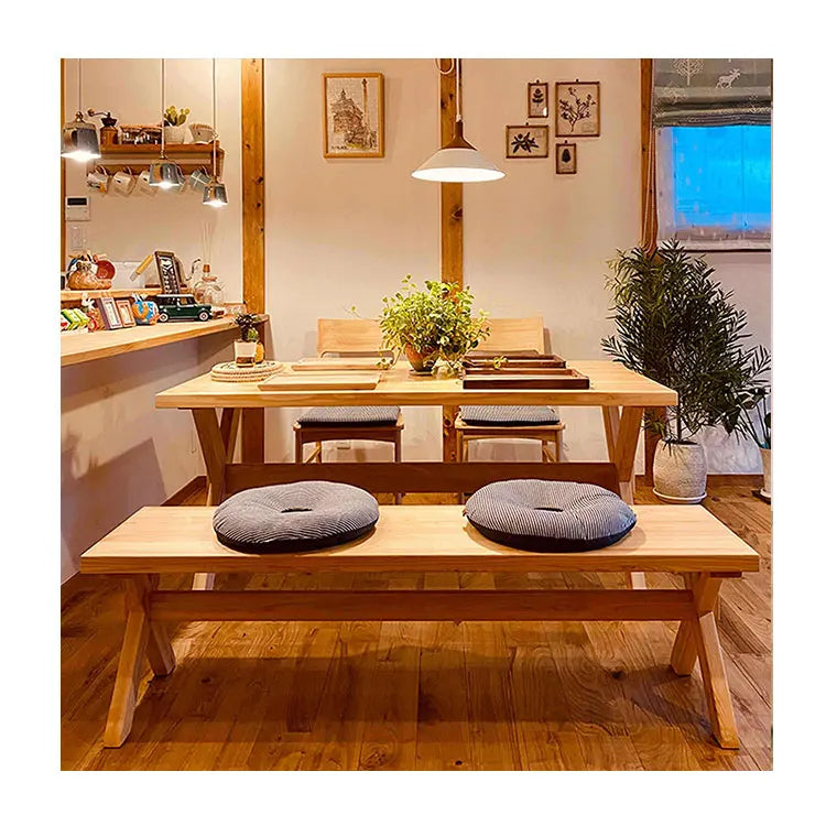 Home 5 cm Table Top Cross Leg Four Seater Wooden Dining Table and Bench Set Dining Room Furniture Mesas Restaurante