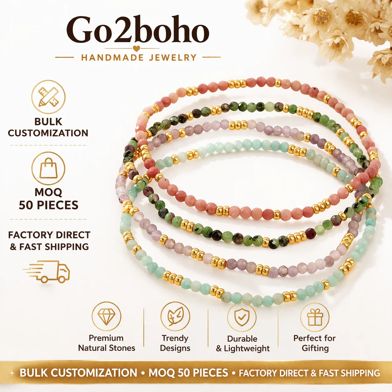 Go2boho Natural Gemstone Beaded Bracelet for Women 2mm Crystal Beads Adjustable Stackable Minimalist Boho Jewelry