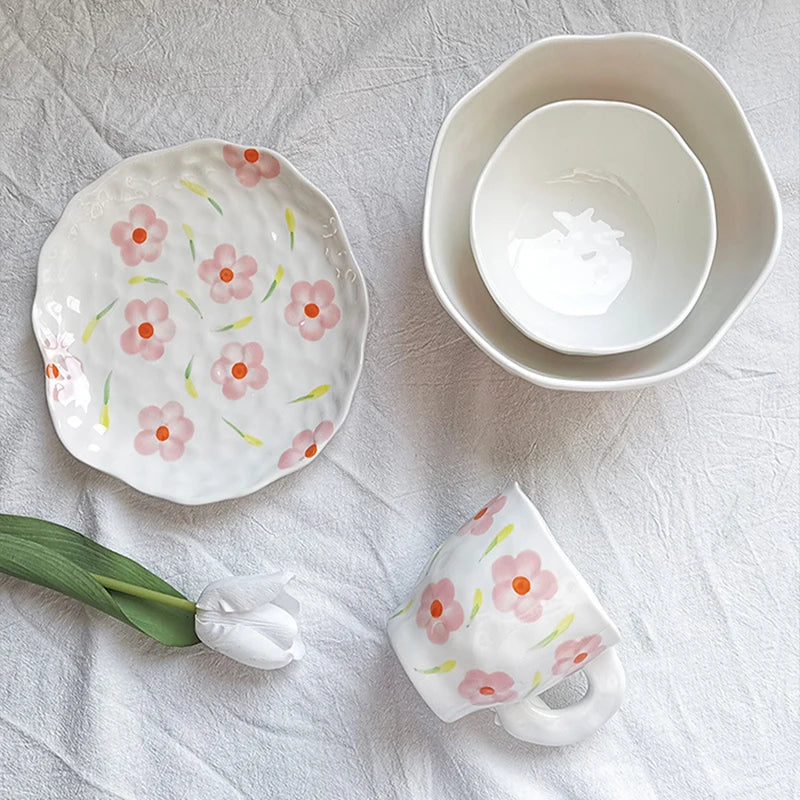 Irregular Hand-painted Flower Ceramic Tea Cups and Saucer Sets Custom Snack Bowls Mugs