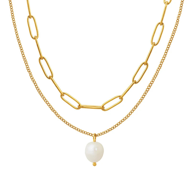 Minimalist 18K Gold Plated Stainless Steel Layered Paper Clip Necklace Jewelry Layered Freshwater Pearl Pendent Necklace