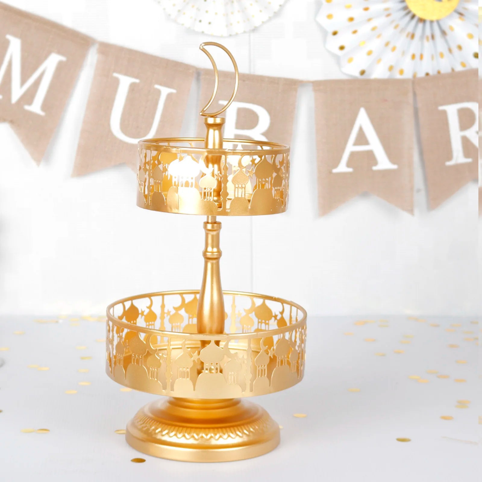 Pafu New Design Rustic Serving Tray Eid Mubarak Ramadan Tray Food Tableware Display Desk Organizer Metal Eid Party Dessert Tray