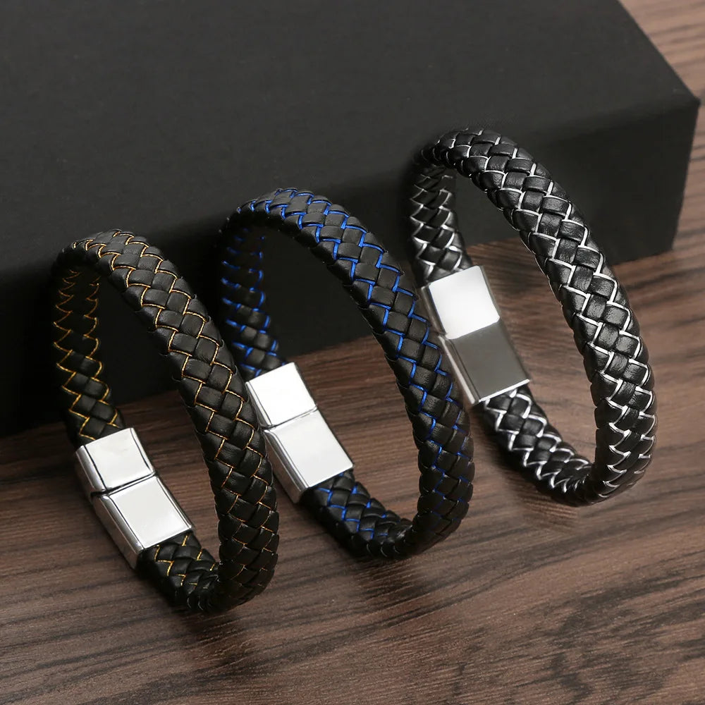 Men's New Fashion Stainless Steel Clasp Braided Leather Bracelet Punk Black Blue Color Bangles Jewelry and Gift Idea