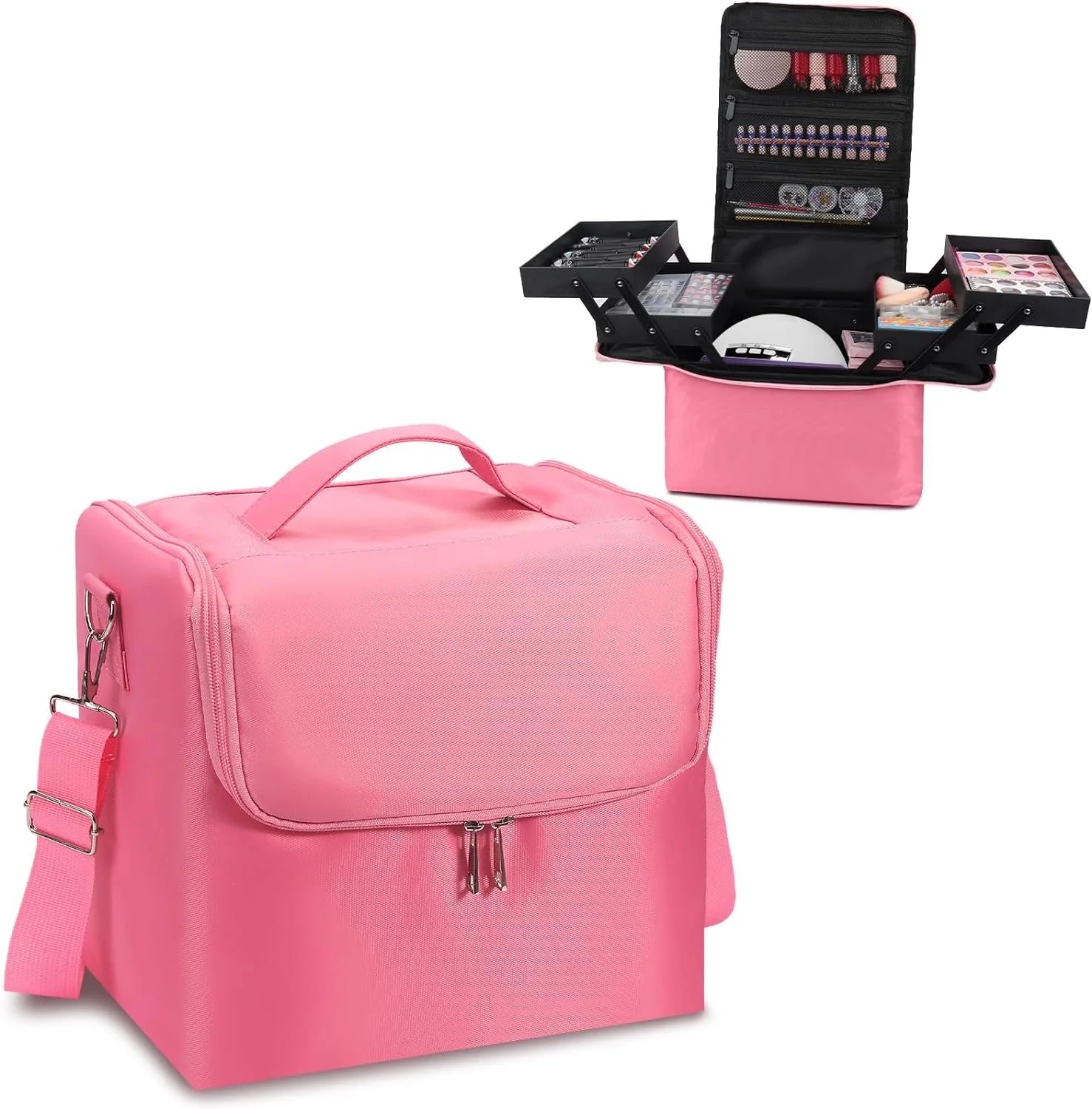 4 Tier Professional Storage Box  Bag Train Case with Straps Pockets for Eyelash Extensions Tools Large Pink Makeup Organizer Bag