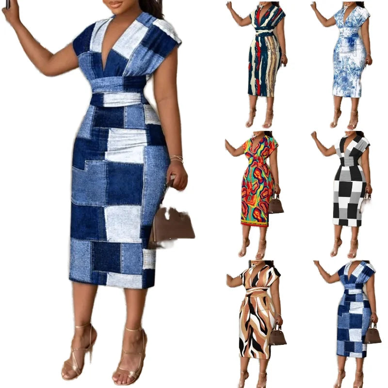 New Summer Women's Printed V-Neck Long Dress Bandage Dresses for Women Elegant Beautiful Ladies Casual Dresses