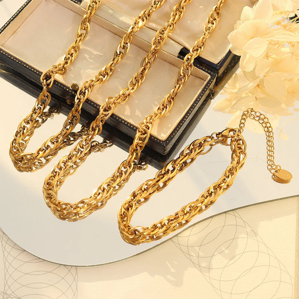 Stainless Steel Hollow Women's Short Clavicle Chain Sliver Gold Color Splicing Twist Choker Necklace Bracelets Jewelry Set