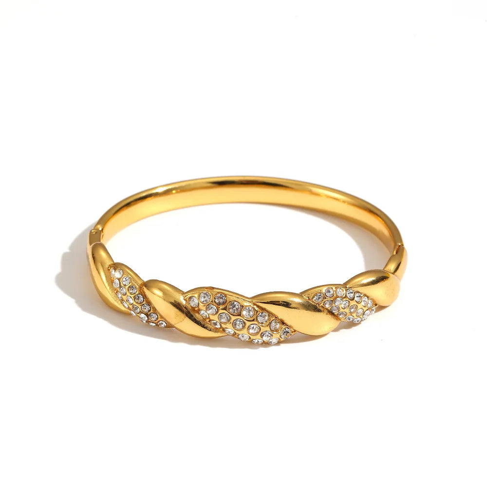 Fashionable Simple Vintage 18k Gold-plated Stainless Steel Diagonal Striped Diamond Inlaid Bracelet Waterproof Women's Jewelry