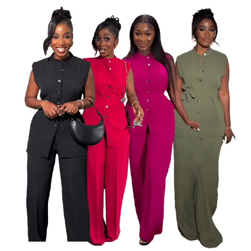 HK7418 Trendy Summer Outfits for Women Single Breasted Sleeveless Tie up Stand Collar Top and Wide Leg Pants Set for Women