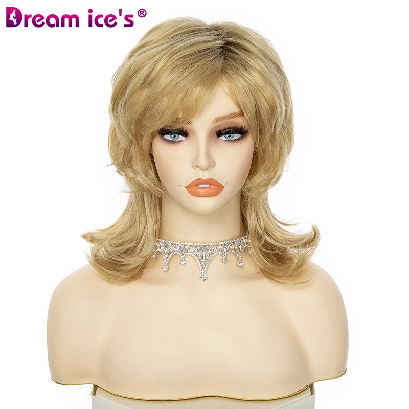 Dream.Ice's Hair Ladies Natural Gold Short Synthetic Wig Big Wave Transparent Lace Heat Resistant Headgear for Women