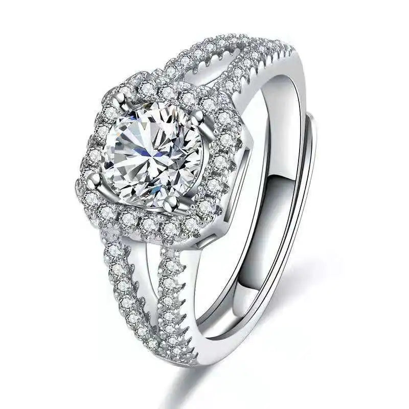 Luxury Silver Plated Wedding Ring for Women Double Row Sparky Square Moissanite Diamond Zircon Ring Engagement Finger Ring MegaBDM