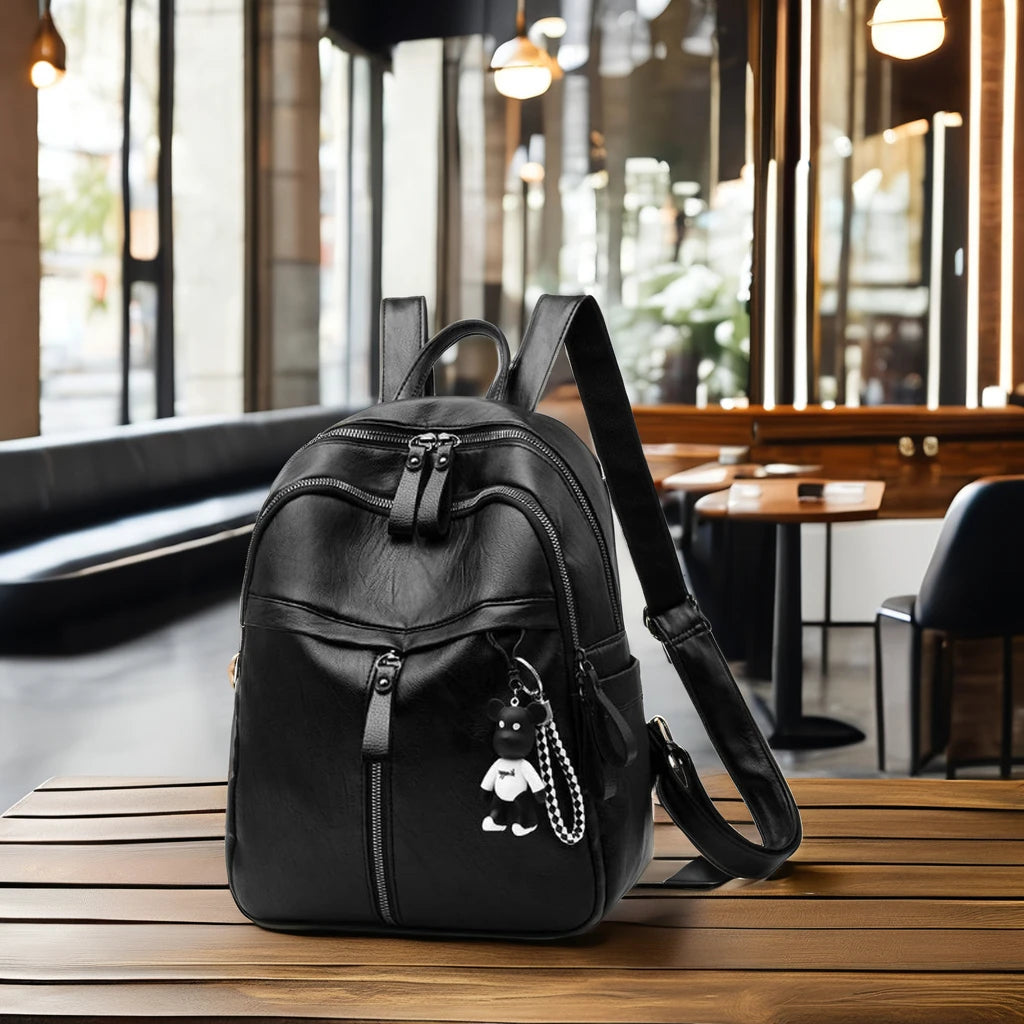 Custom Fashion Womens Backpack Zipper Mobile Phone Bagpack Ladies Bag Soft PU Leather Polyester with Curved Shoulder Strap Black