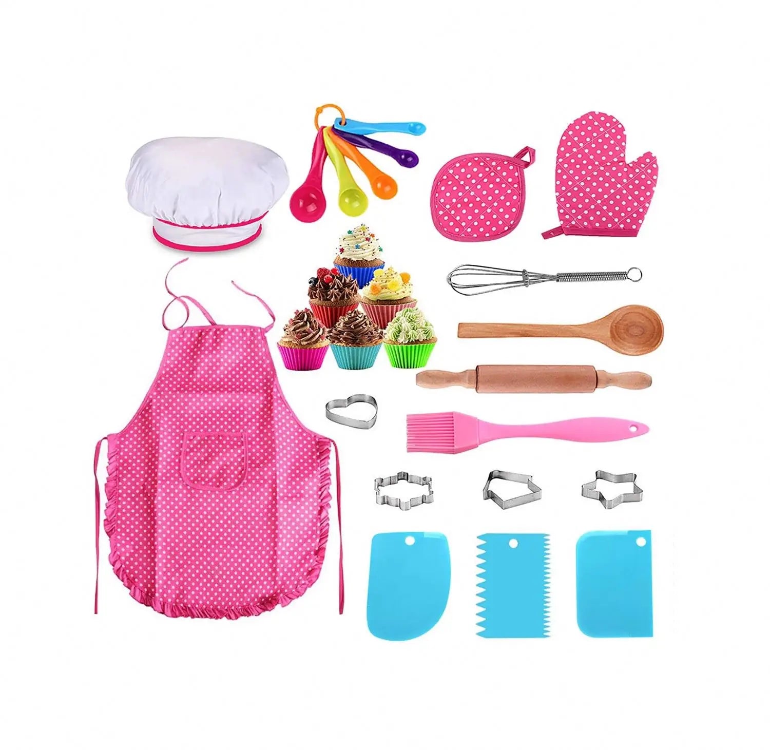 25Pcs Chef Set for Kids Kitchen Cooking Baking Dress up Role Play Toys Apron Chef HatOven MittWooden Spoon Cutters Molds