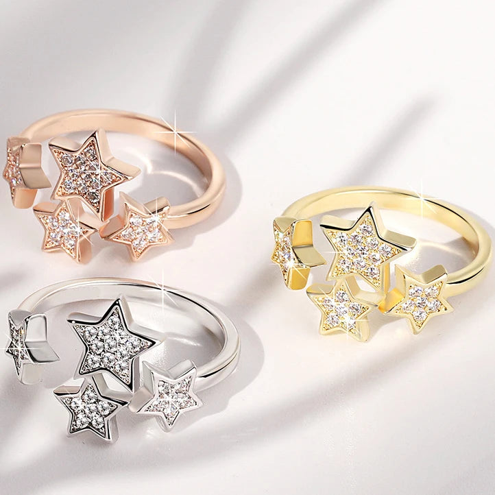 CAOSHI Twinkling Pentagram Star Ring 925 Silver Gold Rose Gold Color Engagement Zircon Adjustable Open Rings for Girl Women