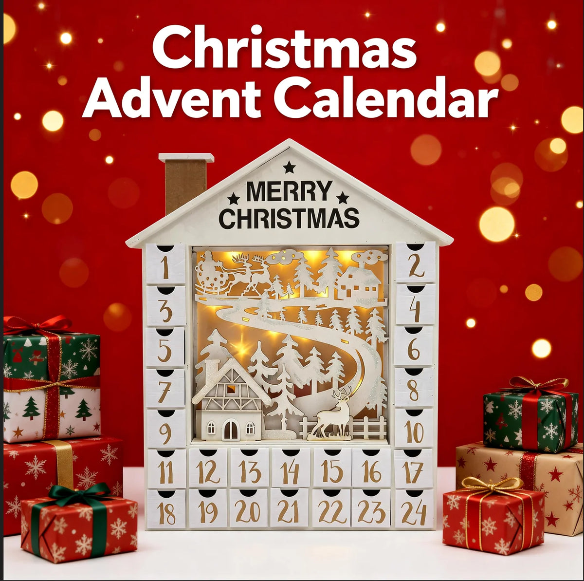 Laser-Cut European Style Wooden Christmas Advent Calendar LED Village Scene 24 Days Countdown Gifts Storage Box Home Decoration