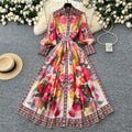 LW0871 Printed Dress Women'S Stand Collar Single Breasted Lantern Sleeve Waist Pleated Long Skirt Elegant Dresses for Women