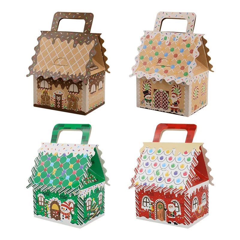 Christmas Xmas House Shape Candy Goodie Paper Boxes With Handle Party Favor Recyclable Gift Treat Packaging Paper Box for Snacks