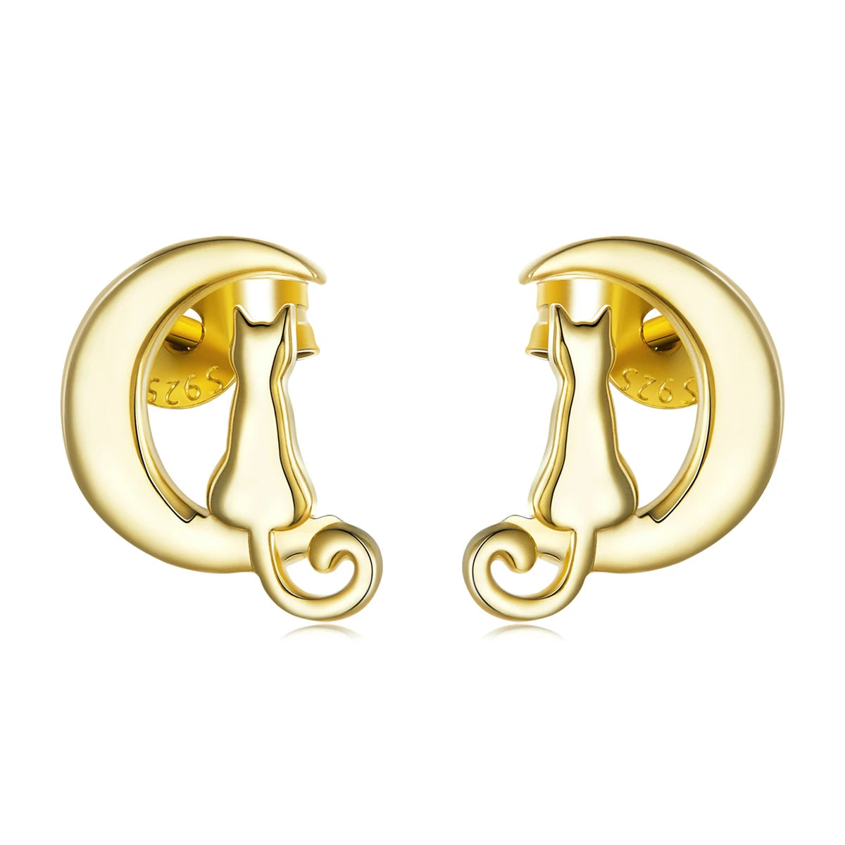 925 Sterling Silver Gold-Color Moon Cat Stud Earrings Hypoallergenic Party Jewelry with Zircon for Engagement SCE1316