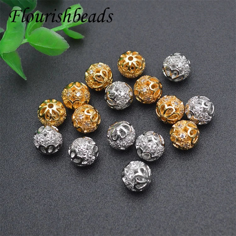 Flourishbeads Gold Plated Rhodium Plated Micro Pave Zircon Hollow Round Ball Spacer Beads for Bracelet Making
