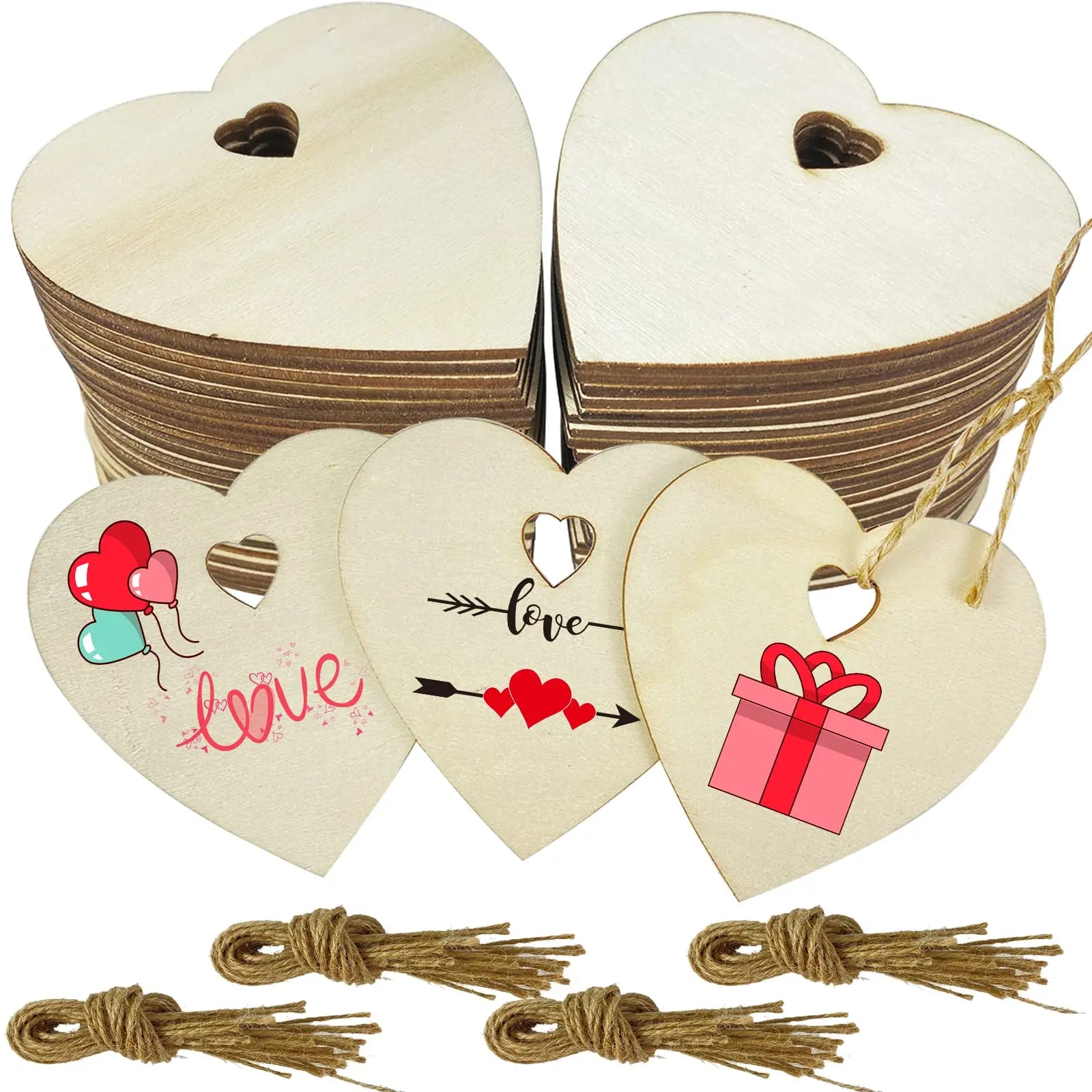60 Pcs 3" Wooden Blank Hearts for Crafts Wood Unfinished Hearts with Holes for DIY Arts Wedding Card Making Crafts Decoration