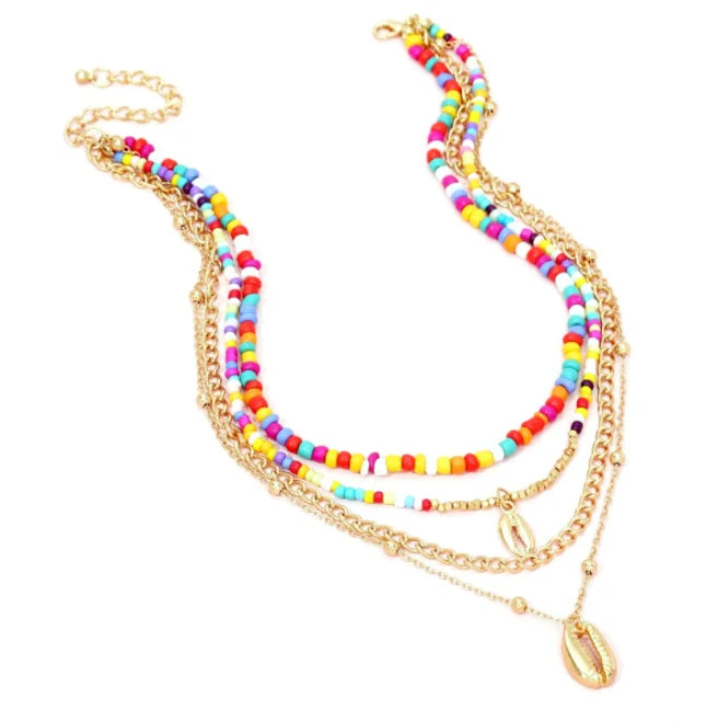 Shell Metal Clavicle Chain Bohemian Colored Rice Beads Multilayer Necklace Set