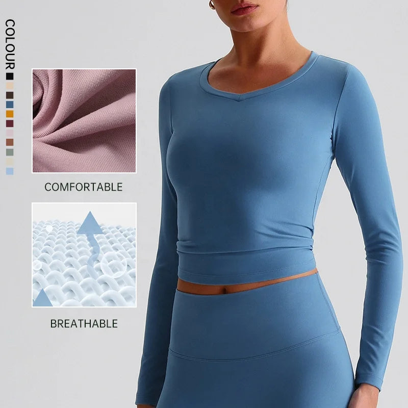 SHINBENE Women's Hi Cloud Workout Long Sleeve Tops Casual V Neck Yoga Fitness Crop Top Sweat-Wicking Quick-Dry Four-Way Stretch
