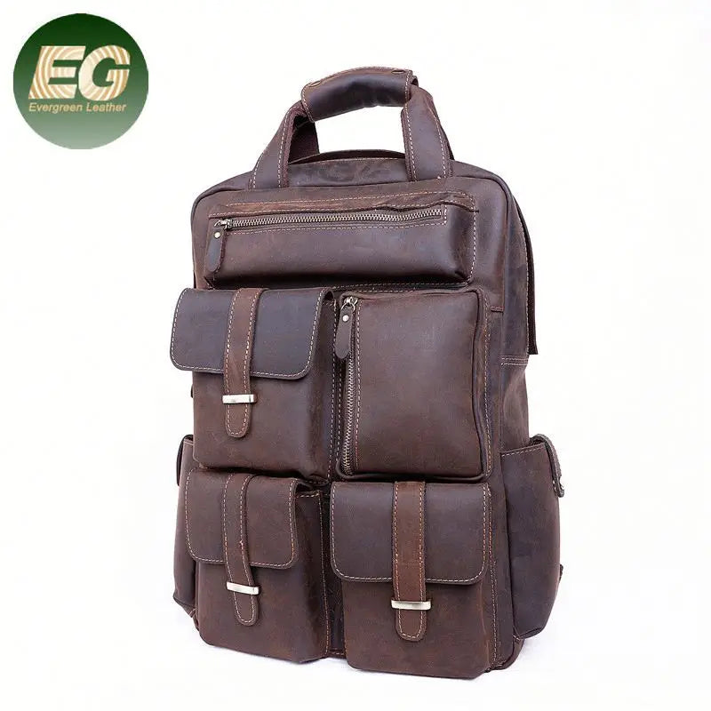 EMH018 Waterproof Outdoor Travel Bag Vintage Style Leather Backpack Men's Crazy Horse Leather Backpack