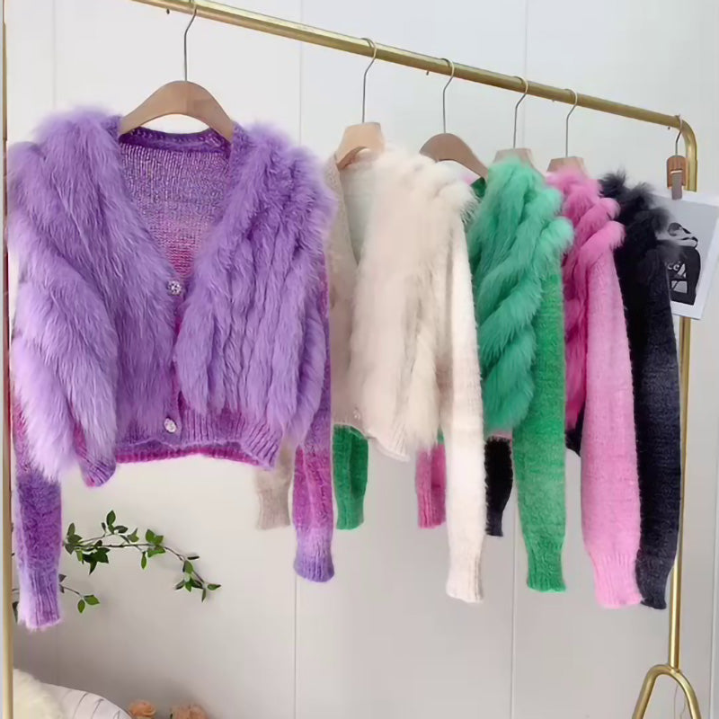 Wholesale Women Real Fox Fur Trim Sweater Winter Coat Soft Cardigan
