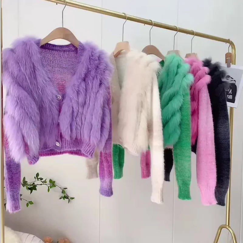 Wholesale Women Real Fox Fur Trim Sweater Winter Coat Soft Cardigan