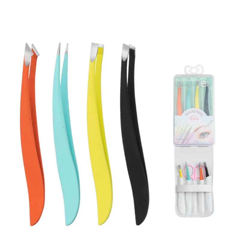 Professional Beauty Makeup Tool Kit with Slanted Tip 4pcs Stainless Steel Eyebrow False Eyelash Tweezers Set PVC Box for Girls