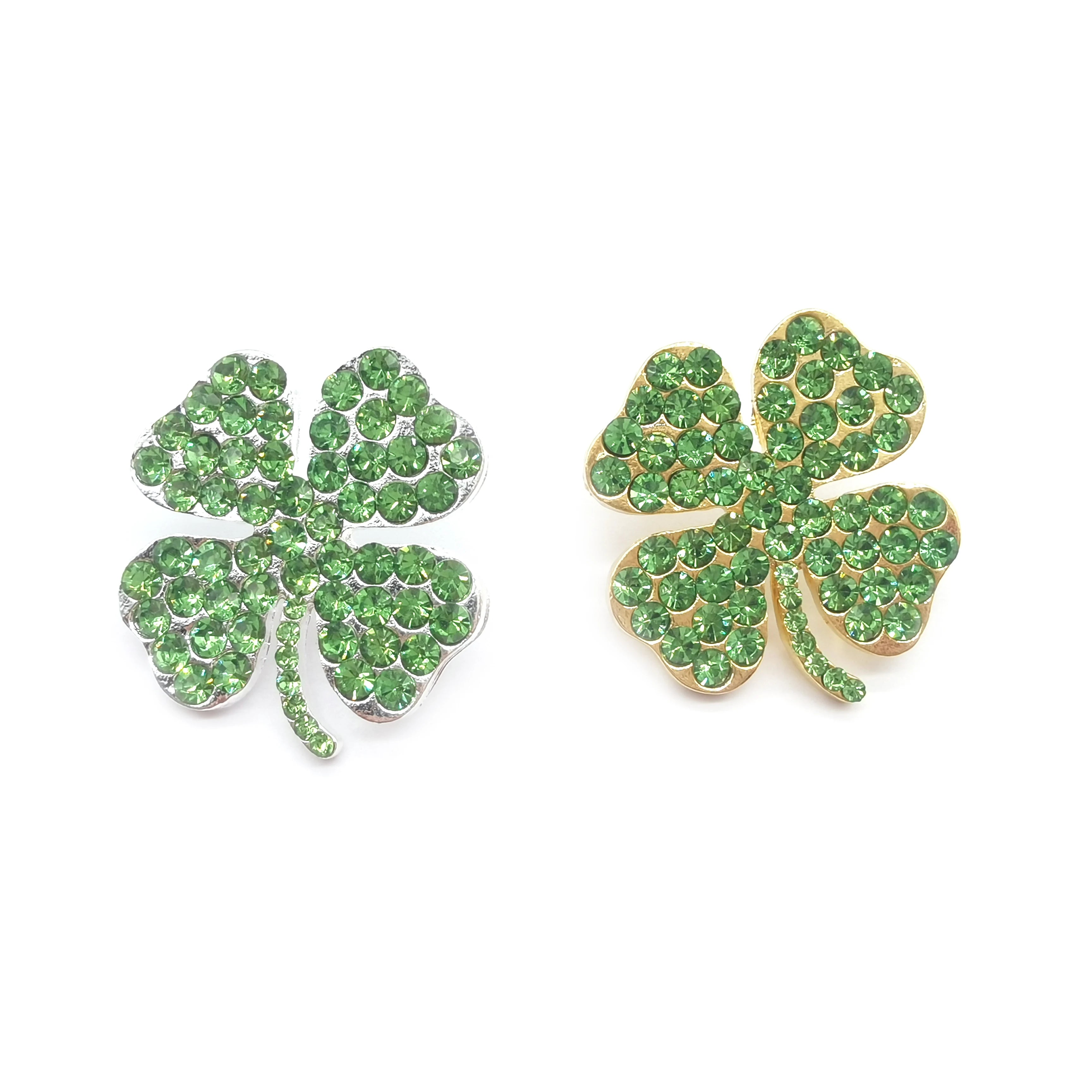 St. Patrick's Day Good Luck  Green Four Leaf Shamrock Clover Brooch Silver Gold Rhinestone Brooch Jewelry Gift Brooch