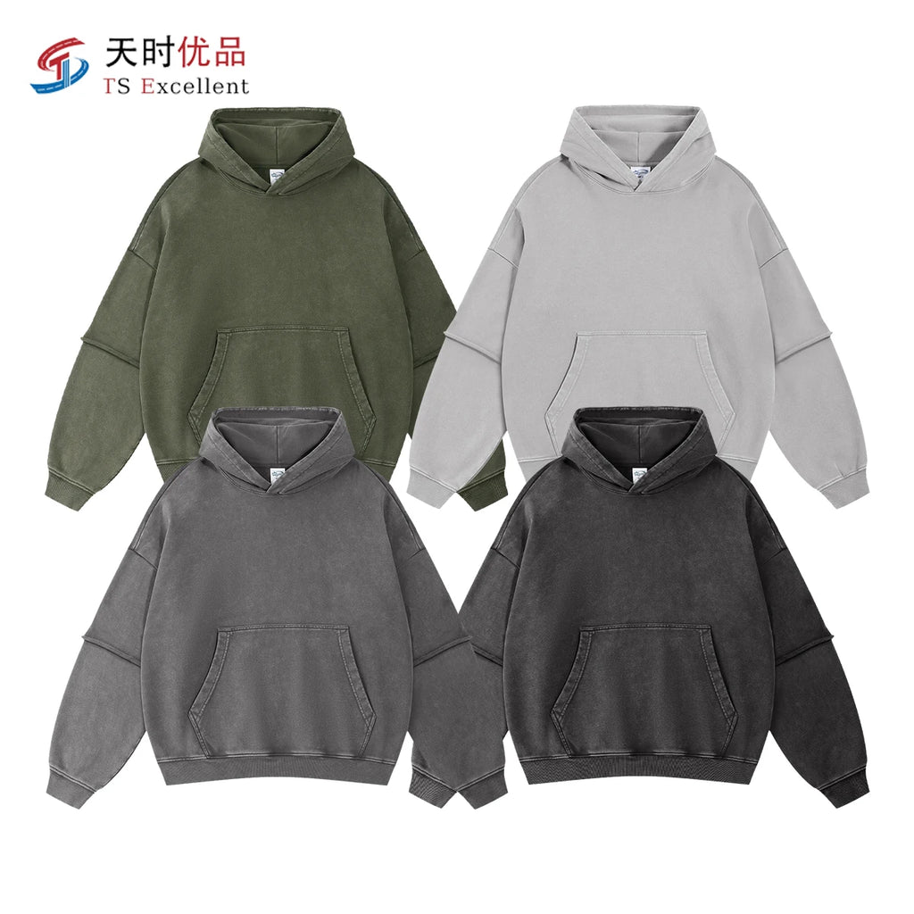 Wholesale Customizable Men's American Retro Hoodie Washed & Distressed Loose-edge Sleeve Design