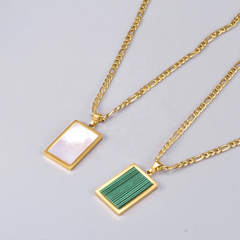 Simplicity Cuban Link Chain Necklace 18K Gold Plated Stainless Steel Necklace Natural Square White Shell Pendant Necklace