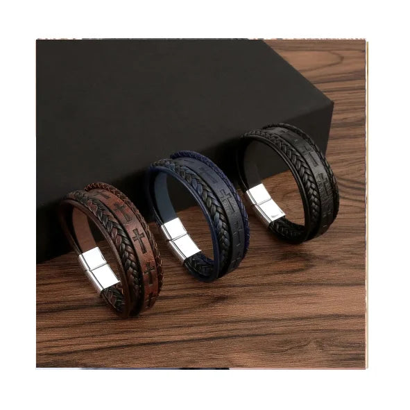 Mens Classic Magnetic Buckle Charm Bracelets Fashion Jewelry Wholesale Vintage Cross Print Multi Layer Leather Woven Bracelets
