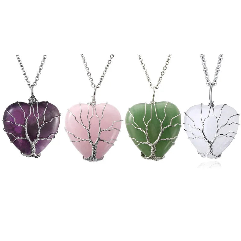 Hot Selling Natural Stone Heart Amethyst Rose Quart Turquoise Handmade Wire Wrapped Gemstone Pendant Necklace Women