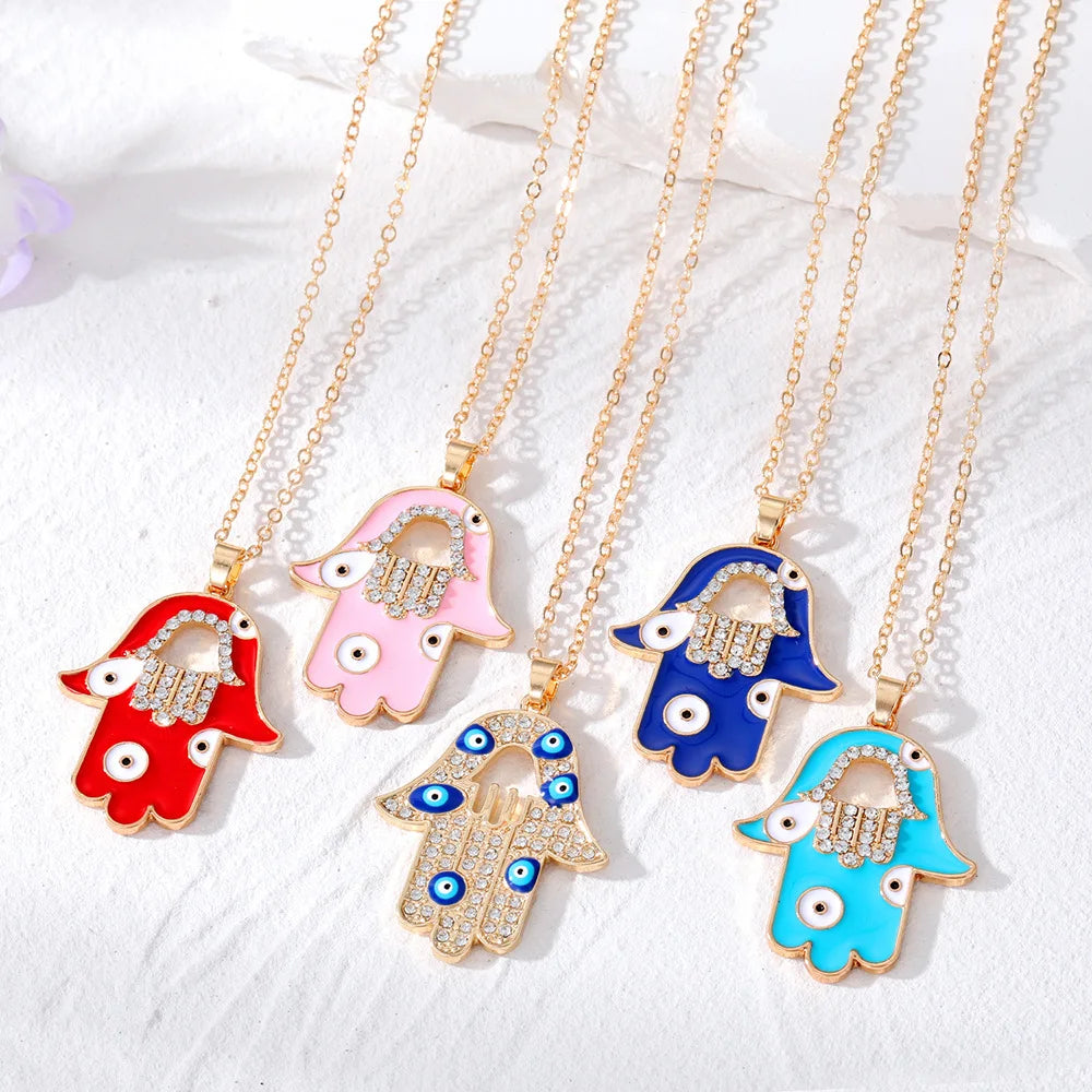 Fashion Oil Dripping Fatima Hand Necklace Colorful Enamel Rhinestone Crystal Evil Eyes Hamsa Hand Pendant Necklace