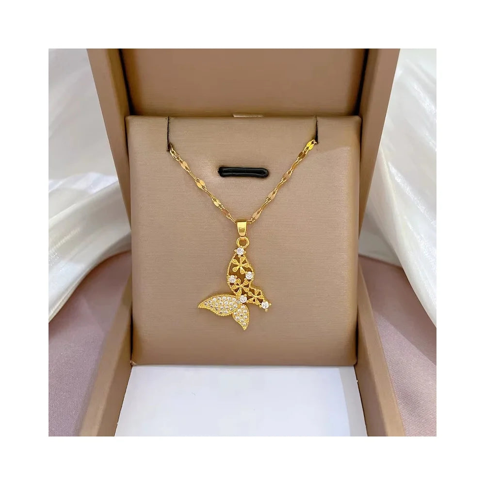 70 Design Bling Diamond Zirconia Heart Cross Pendant Necklace Real 18k Gold Plated Stainless Steel CZ Crystal Butterfly Necklace