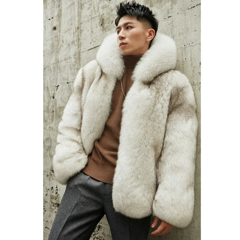 Super Luxury Mens Fur Hoodie Coats Classic Natural Fox Fur Coat Winter Warm Real Fur Jacket Men
