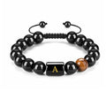 Elegant Black Agate 26-Letter DIY Woven Adjustable Beaded Bracelet Gold Plated Fashionable Jewelry Accessory for Couples