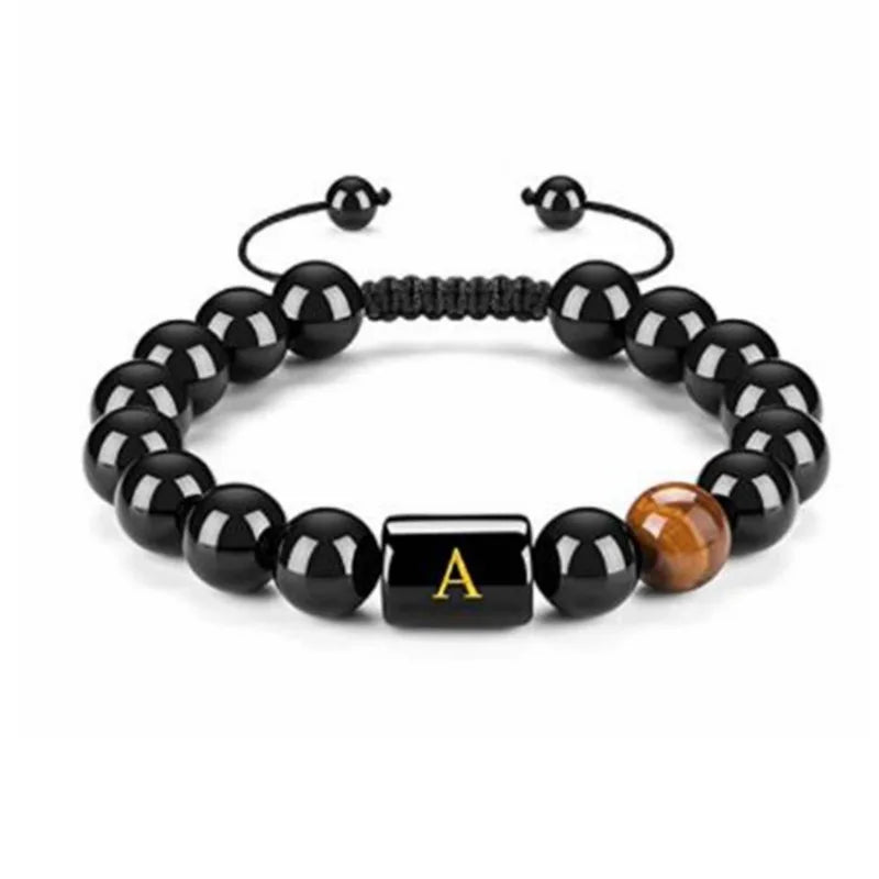 Elegant Black Agate 26-Letter DIY Woven Adjustable Beaded Bracelet Gold Plated Fashionable Jewelry Accessory for Couples