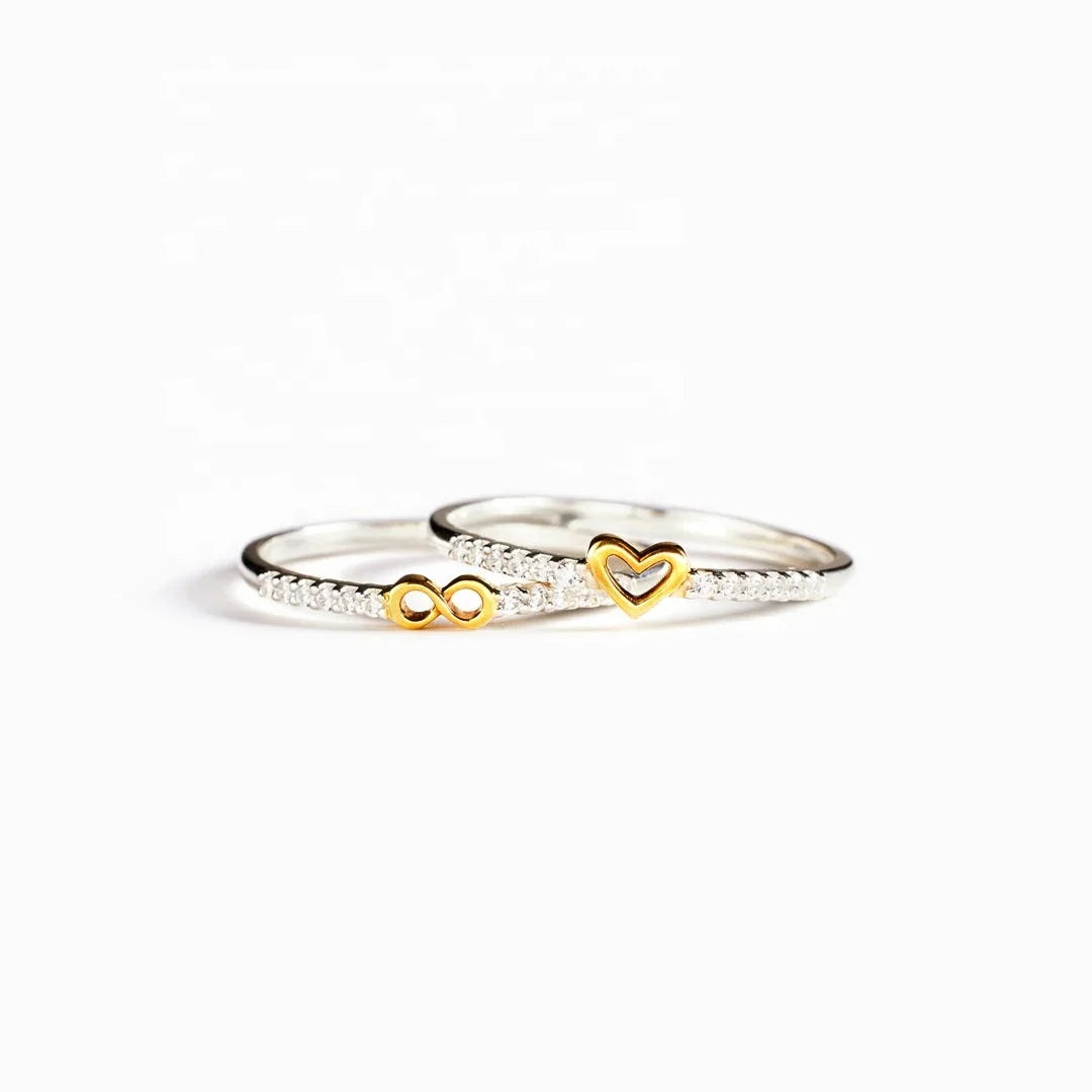 Gold Plated Moebius Heart Shape 925 Sterling Silver Rings Couple Ring Set for Girls