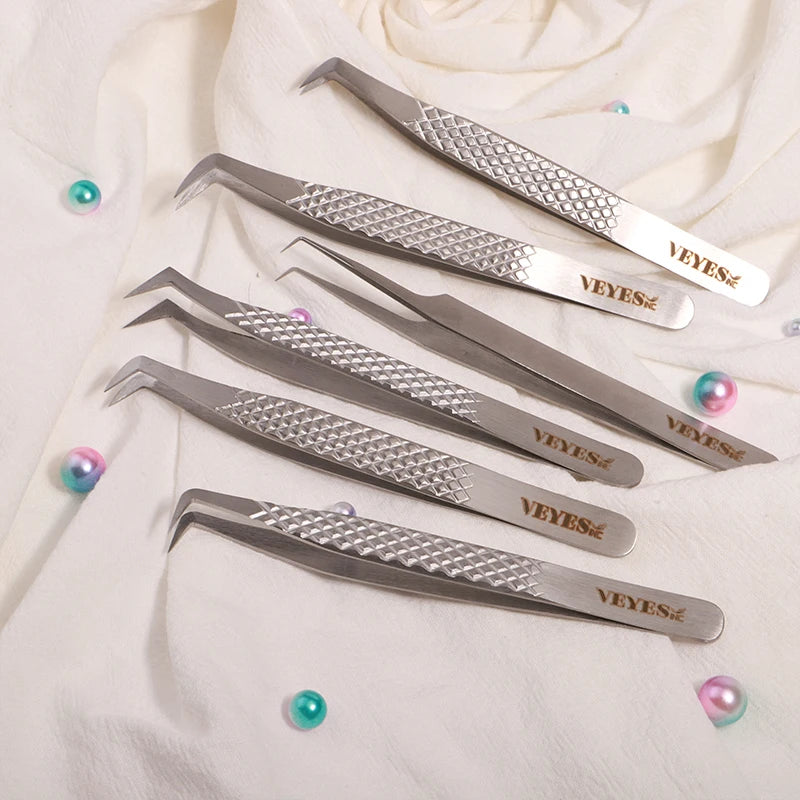 VEYES Free Sample Pink Eyelash Tweezers Set Stainless Steel 45 75 90 Degrees Eyelash Extension Tweezers