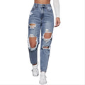 High Quality High Street Style Women's High Waist Regular Denim Pants Breathable Polyester/Cotton Ripped Straight Casual Jeans