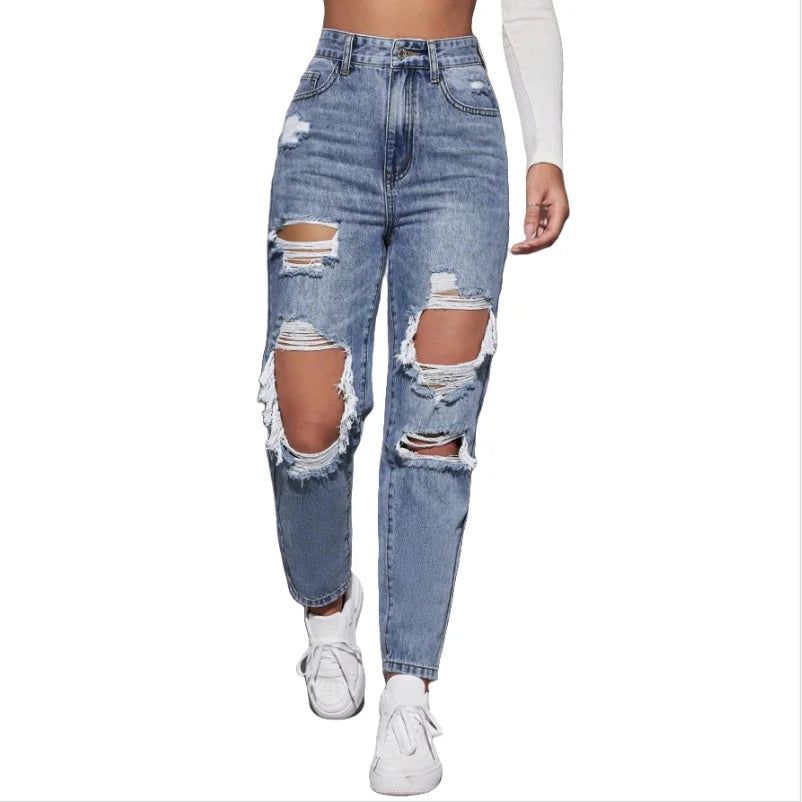High Quality High Street Style Women's High Waist Regular Denim Pants Breathable Polyester/Cotton Ripped Straight Casual Jeans