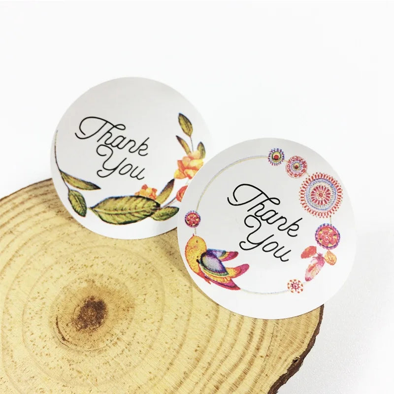 120pcs Per Pack Flower and Bird Artistic Font Thank You White Background Sealing Sticker for Handmade Products Package Label