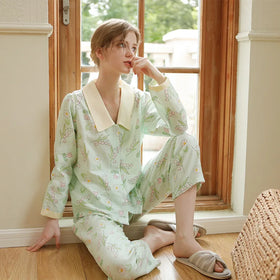 Floral Print Pajamas Women Loungewear Pajamas Long Sleeve Tops With Long Pants Ladies Set