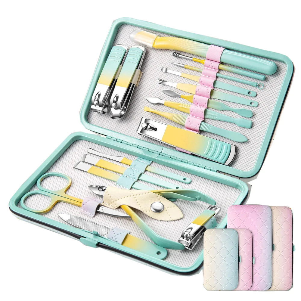 Colorful Manicure Pedicure Sets Nail Clippers Kits Stainless Steel Professional Nail Scissors Cutter Travel Case Kit