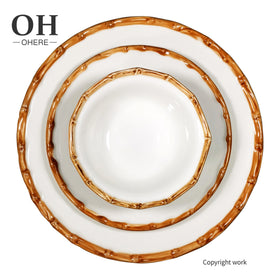 Ohere Special Design Yellow Edge White Charger Plate with Bowl Bone China Dinner Set Dinnerware for Wedding Party