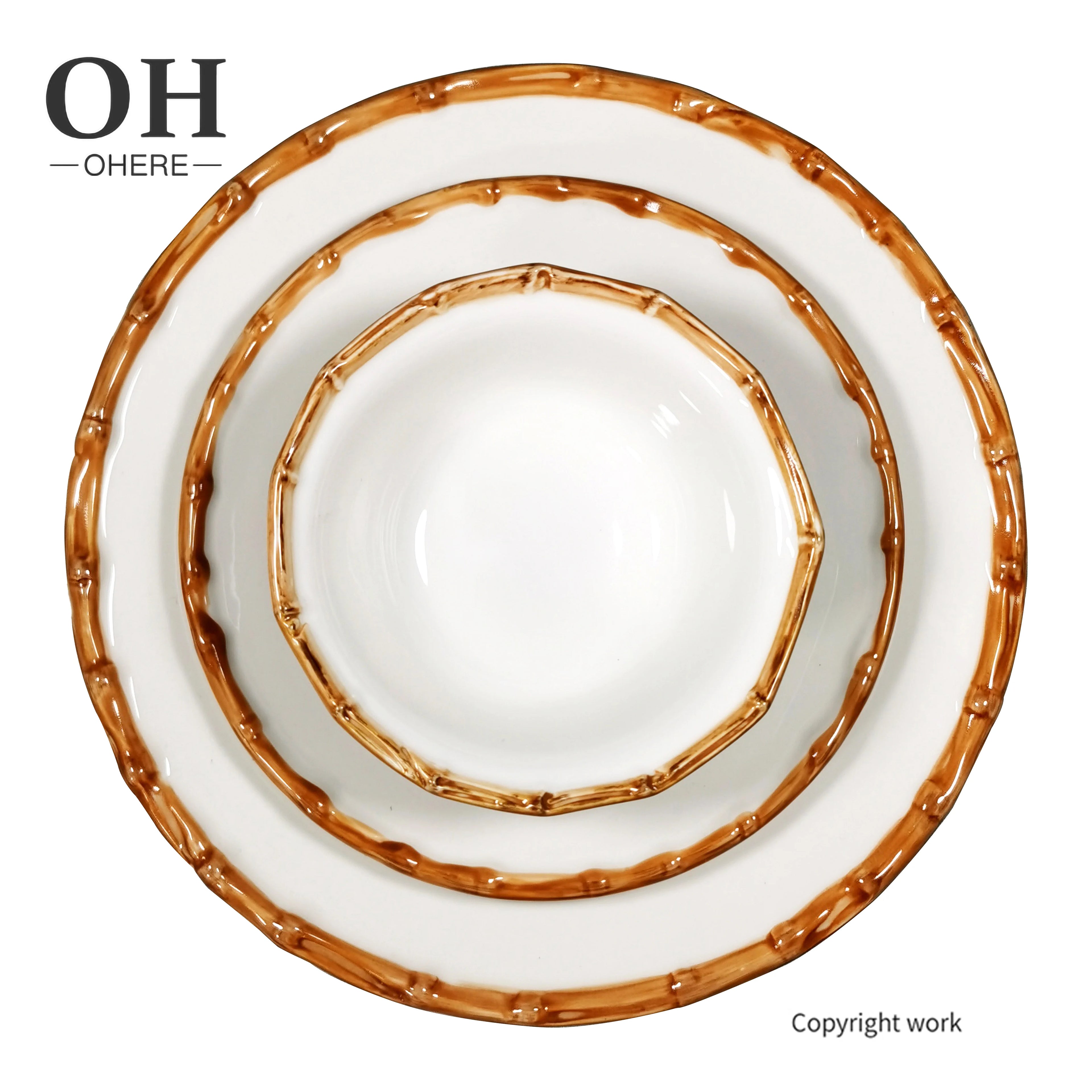 Ohere Special Design Yellow Edge White Charger Plate with Bowl Bone China Dinner Set Dinnerware for Wedding Party